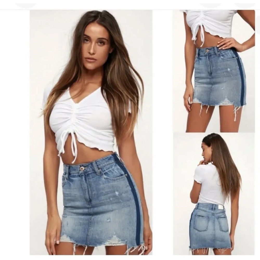 Pistola Sierra Medium Wash Two-Tone Distressed Denim Skirt (14)